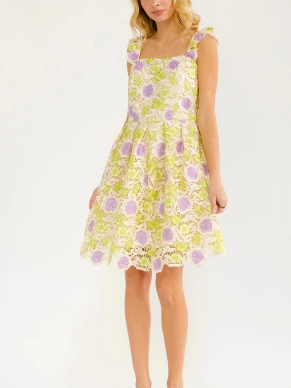 NWOT Boutique Embroidered Floral Lace Dress w/ Tulle Underskirt Cottagecore Sz M - Picture 2 of 12